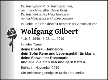 Traueranzeige von Wolfgang Gilbert von Haff-Zeitung