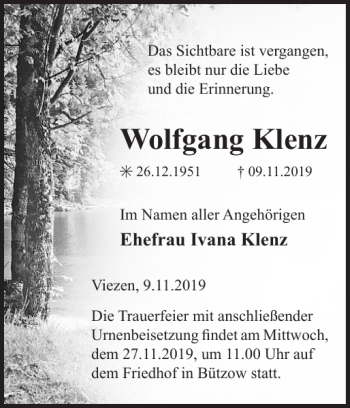 Traueranzeige von Wolfgang Klenz von Bützower Zeitung