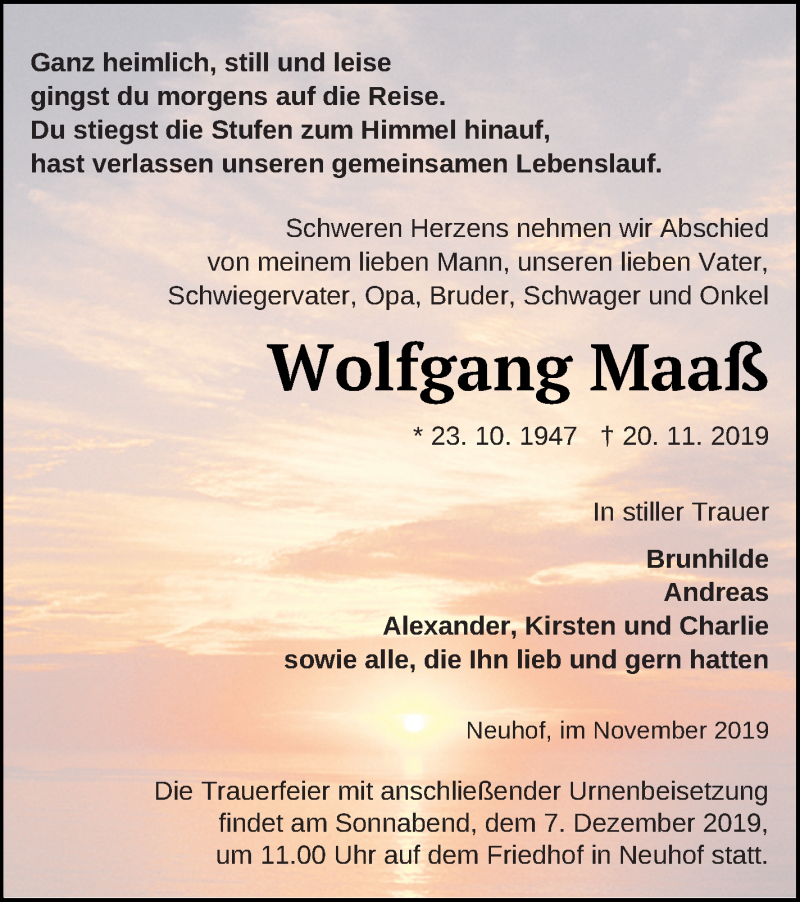  Traueranzeige für Wolfgang Maaß vom 26.11.2019 aus Strelitzer Zeitung