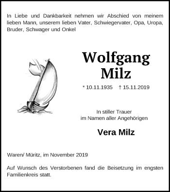Traueranzeige von Wolfgang Milz von Müritz-Zeitung