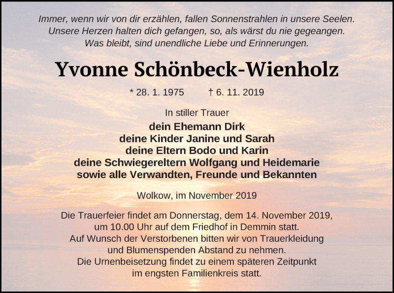 Traueranzeige für Yvonne Schönbeck-Wienholz vom 09.11.2019 aus Demminer Zeitung