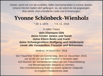 Traueranzeige von Yvonne Schönbeck-Wienholz von Demminer Zeitung