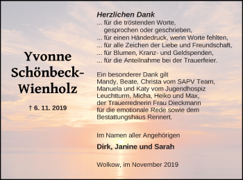 Traueranzeige von Yvonne Schönbeck-Wienholz von Demminer Zeitung