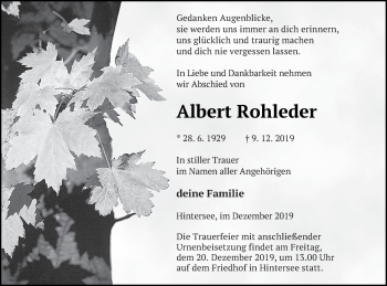 Traueranzeige von Albert Rohleder von Haff-Zeitung