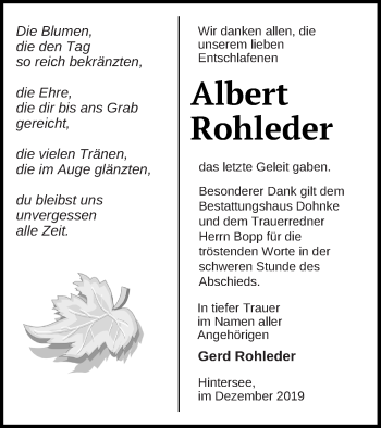 Traueranzeige von Albert Rohleder von Haff-Zeitung