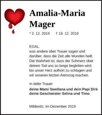 Traueranzeige von Amalia-Maria Mager von Strelitzer Zeitung