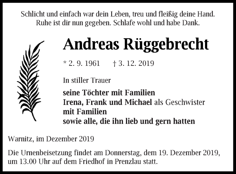  Traueranzeige für Andreas Rüggebrecht vom 12.12.2019 aus Prenzlauer Zeitung
