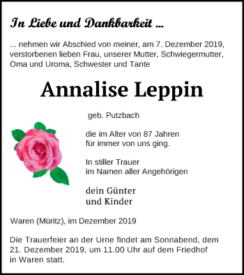 Traueranzeige von Annalise Leppin von Müritz-Zeitung