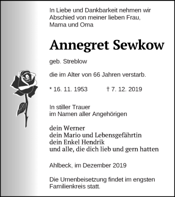 Traueranzeige von Annegret Sewkow von Haff-Zeitung