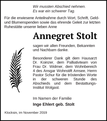 Traueranzeige von Annegret Stolt von Müritz-Zeitung