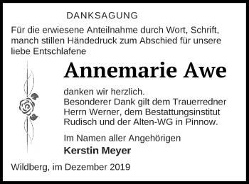 Traueranzeige von Annemarie Awe von Neubrandenburger Zeitung