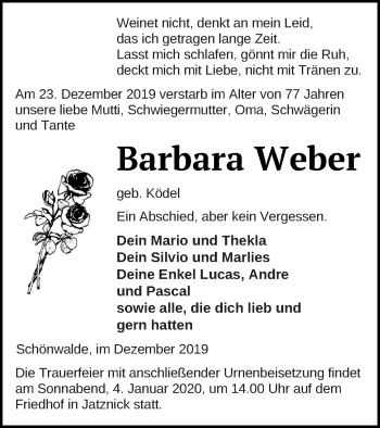 Traueranzeige von Barbara Weber von Pasewalker Zeitung