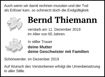 Traueranzeige von Bernd Thiemann von Prenzlauer Zeitung