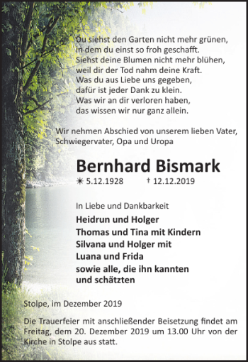 Traueranzeige von Bernhard Bismark von Parchimer Zeitung