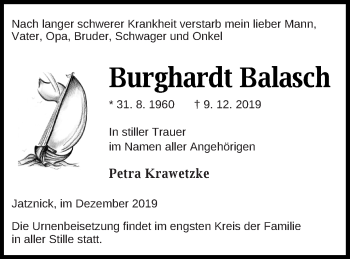 Traueranzeige von Burghardt Balasch von Pasewalker Zeitung