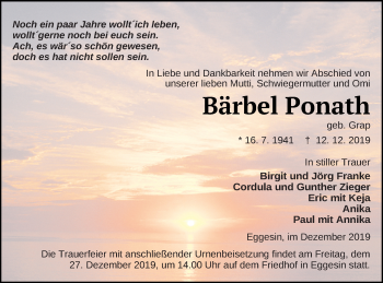 Traueranzeige von Bärbel Ponath von Haff-Zeitung