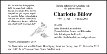 Traueranzeige von Charlotte Bülow von Norddeutsche Neueste Nachrichten