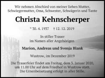 Traueranzeige von Christa Kehnscherper von Strelitzer Zeitung