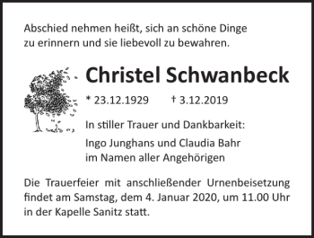 Traueranzeige von Christel Schwanbeck von Norddeutsche Neueste Nachrichten