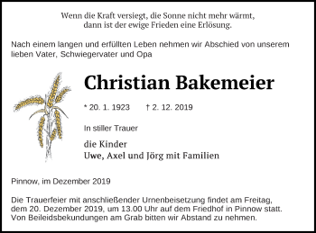 Traueranzeige von Christian Bakemeier von Vorpommern Kurier