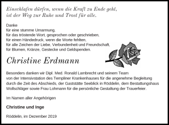 Traueranzeige von Christine Erdmann von Templiner Zeitung