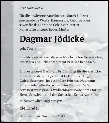 Traueranzeige von Dagmar Jödicke von Templiner Zeitung