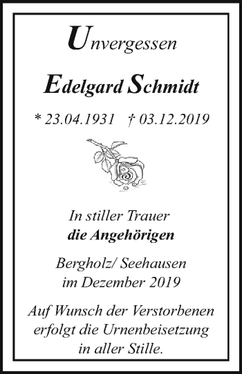 Traueranzeige von Edelgard Schmidt von Pasewalker Zeitung