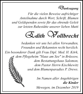 Traueranzeige von Edith Vollbrecht von Pasewalker Zeitung