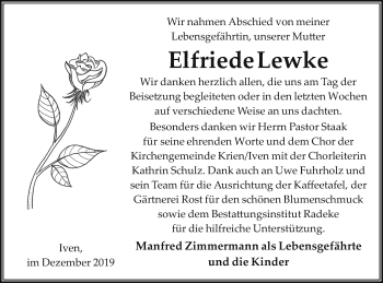 Traueranzeige von Elfriede Lewke von Vorpommern Kurier