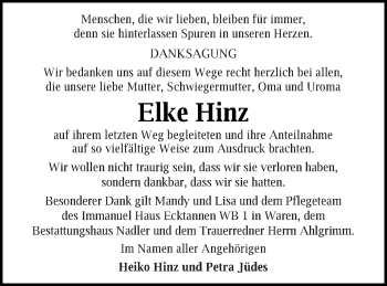 Traueranzeige von Elke Hinz von Müritz-Zeitung