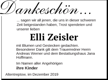 Traueranzeige von Elli Zeisler von Neubrandenburger Zeitung