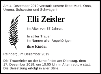 Traueranzeige von Elli Zeisler von Neubrandenburger Zeitung