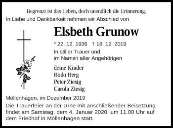 Traueranzeige von Elsbeth Grunow von Müritz-Zeitung