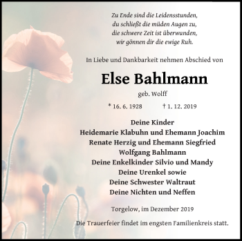 Traueranzeige von Else Bahlmann von Haff-Zeitung