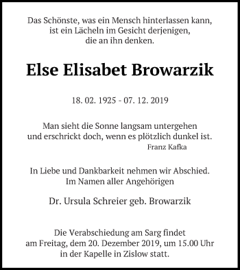 Traueranzeige von Else Elisabet Browarzik von Müritz-Zeitung