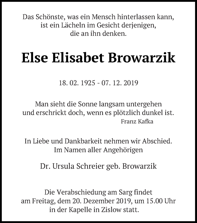  Traueranzeige für Else Elisabet Browarzik vom 14.12.2019 aus Müritz-Zeitung