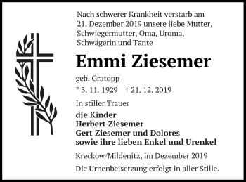 Traueranzeige von Emmi Ziesemer von Strelitzer Zeitung