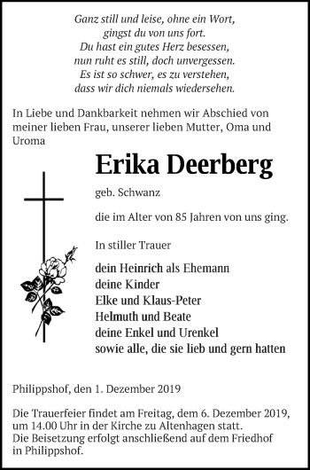 Traueranzeige von Erika Deerberg von Neubrandenburger Zeitung