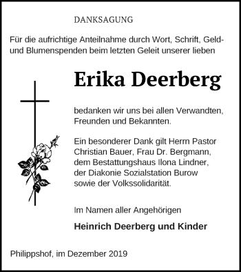 Traueranzeige von Erika Deerberg von Neubrandenburger Zeitung