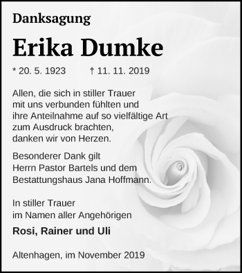 Traueranzeige von Erika Dumke von Neubrandenburger Zeitung