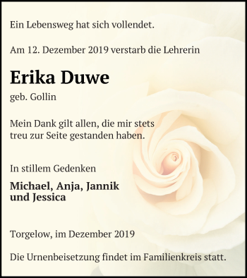 Traueranzeige von Erika Duwe von Haff-Zeitung