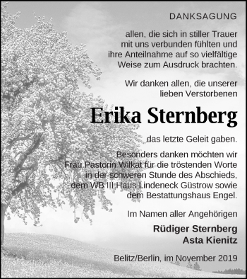 Traueranzeige von Erika Sternberg von Mecklenburger Schweiz