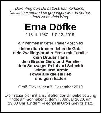 Traueranzeige von Erna Döfke von Müritz-Zeitung