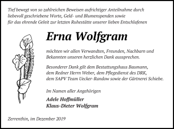 Traueranzeige von Erna Wolfgram von Pasewalker Zeitung