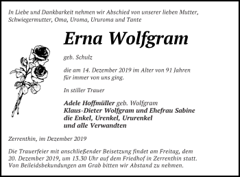 Traueranzeige von Erna Wolfgram von Pasewalker Zeitung