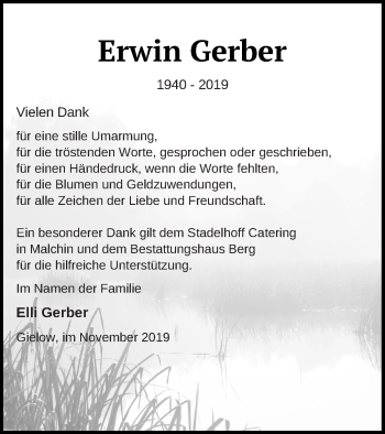 Traueranzeige von Erwin Gerber von Mecklenburger Schweiz