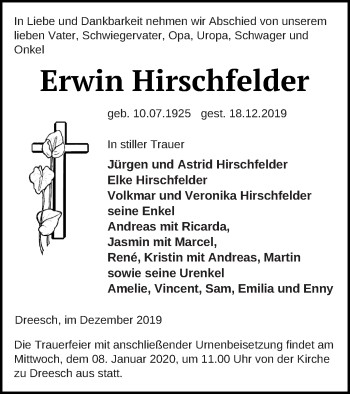 Traueranzeige von Erwin Hirschfelder von Prenzlauer Zeitung