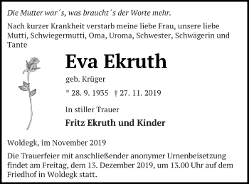 Traueranzeige von Eva Ekruth von Strelitzer Zeitung