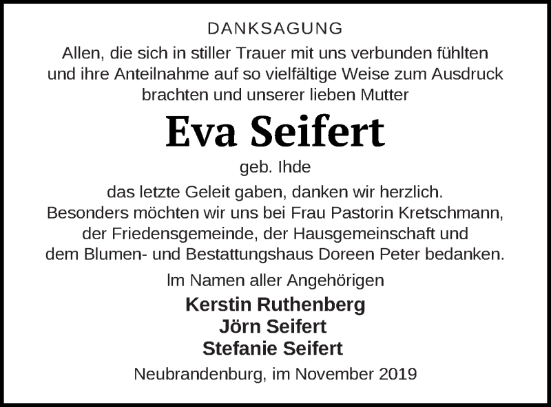  Traueranzeige für Eva Seifert vom 07.12.2019 aus Neubrandenburger Zeitung