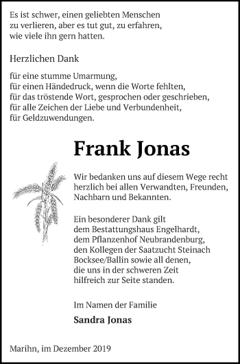 Traueranzeige von Frank Jonas von Müritz-Zeitung